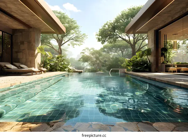 The private swimming pool of a luxury villa with a view of the tropical rainforest