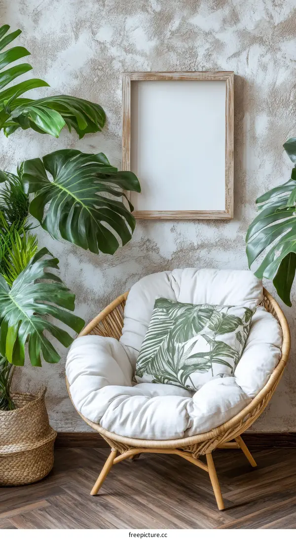 Stylish Tropical Living Room with Empty Frame