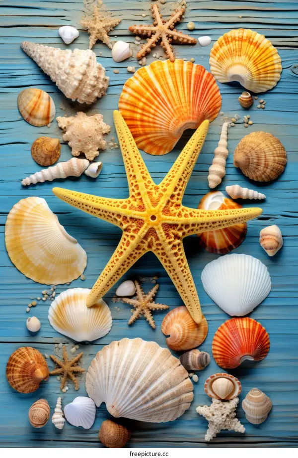 Colorful seashells and starfish on a blue wooden background