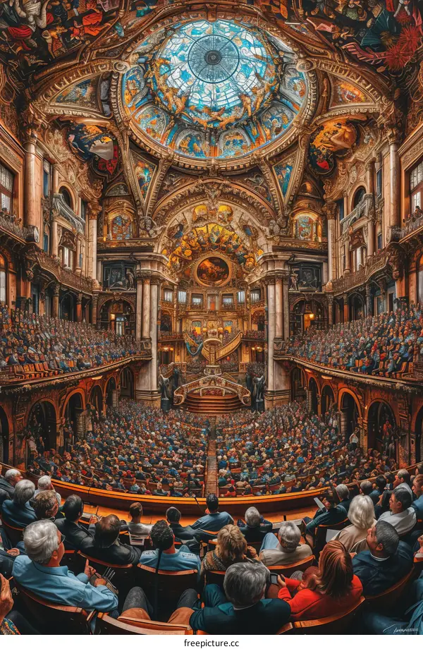 A large group of people are sitting in a grand hall listening to a speech