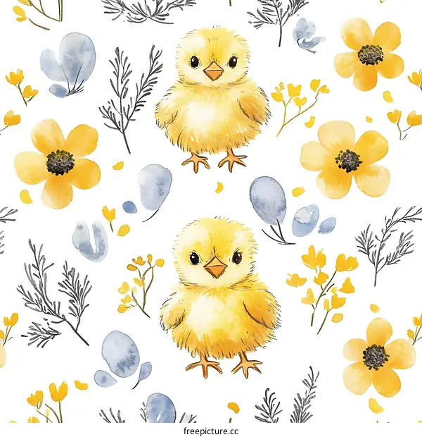 Cute Chick and Floral Watercolor Pattern