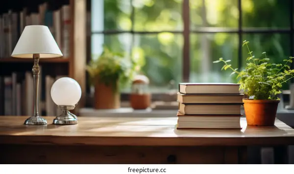 Bookshelf with a stack of books, a lamp, and a potted plant