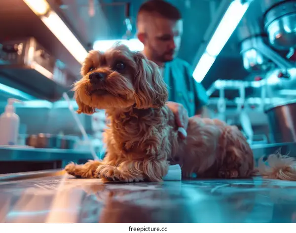 A veterinarian examines a small dog in a modern clinic