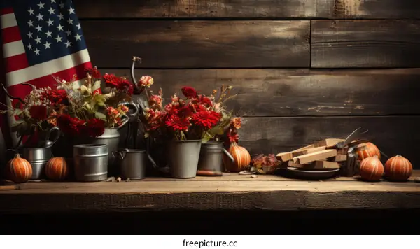 Rustic patriotic still life with American flag and flowers