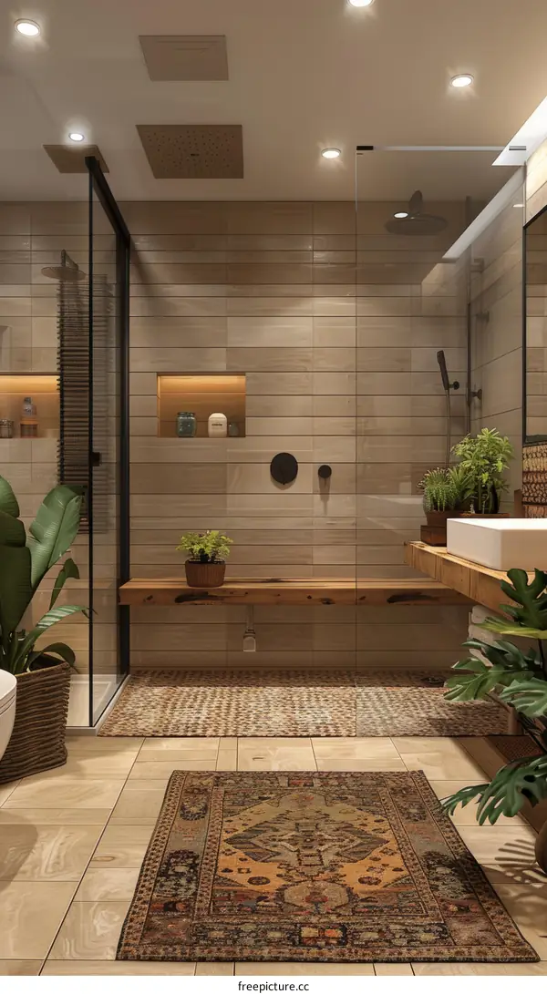 Modern Rustic Bathroom with Vintage Rug