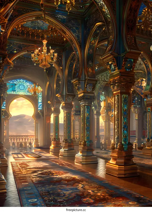 ornate hallway with blue and gold columns and colorful mosaic tile patterns