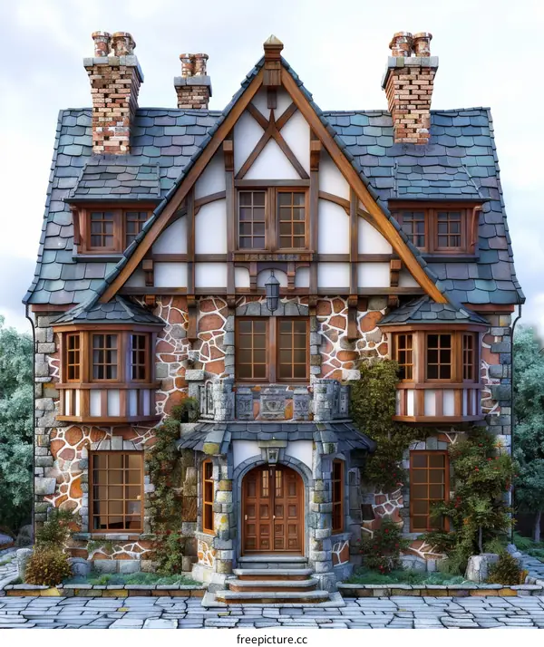 European style house with stone walls and a slate roof