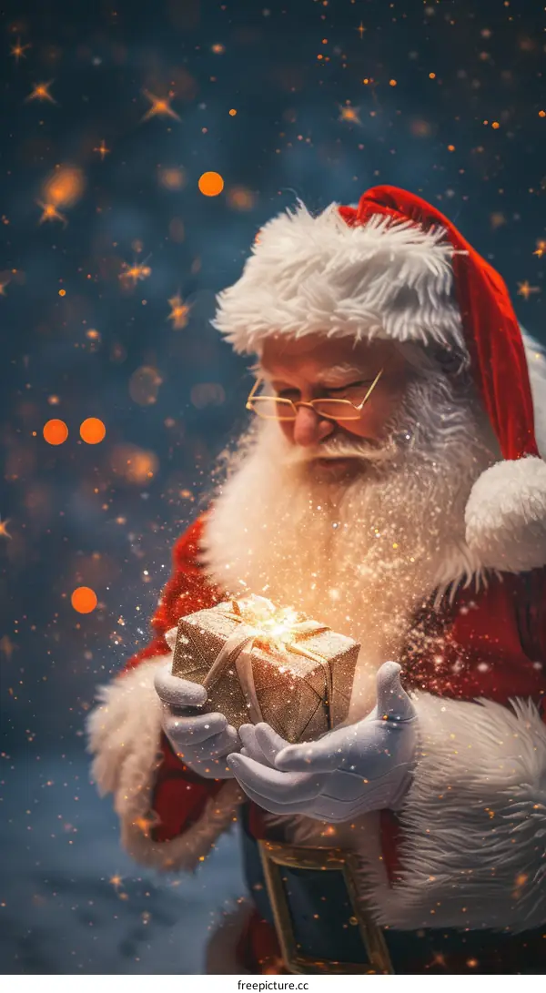 Santa Claus holding a glowing gift with a snowy background