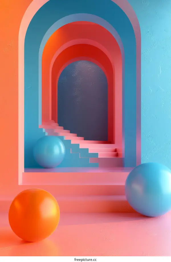 Pastel Pink and Blue 3D Background with Stairs and Archways