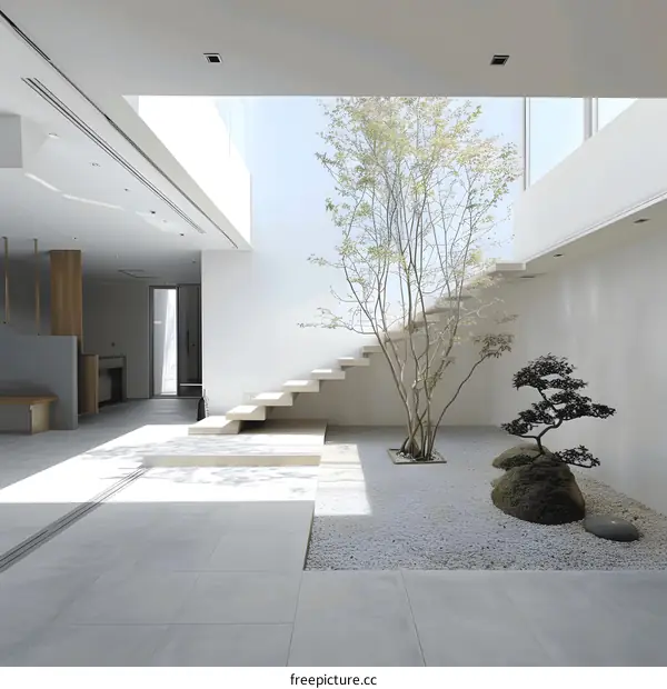 Modern Minimalist Interior Design with Zen Garden and Natural Light