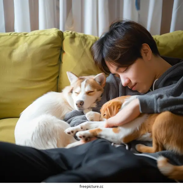A young man is sleeping on the couch with his two dogs.