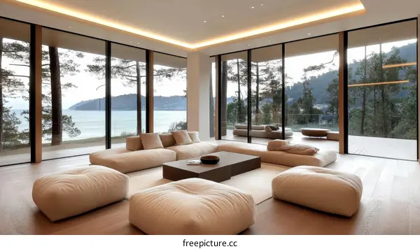 Modern Coastal Living Room with Large Panoramic Windows