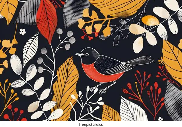Black Background With  Red Yellow And White Leaves With A Bird