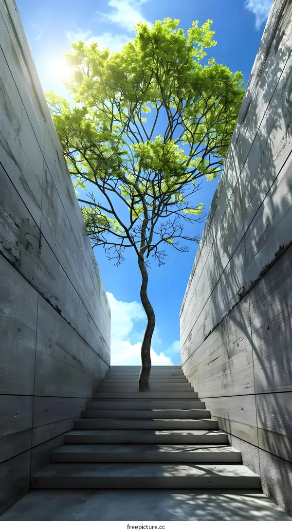 Tree Growing Through Concrete Staircase