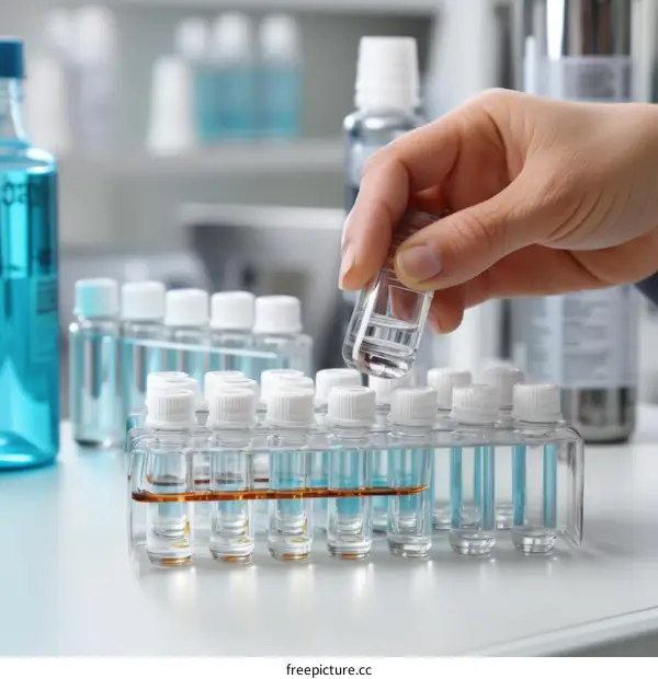Scientist holding and examining test tube with liquid in laboratory