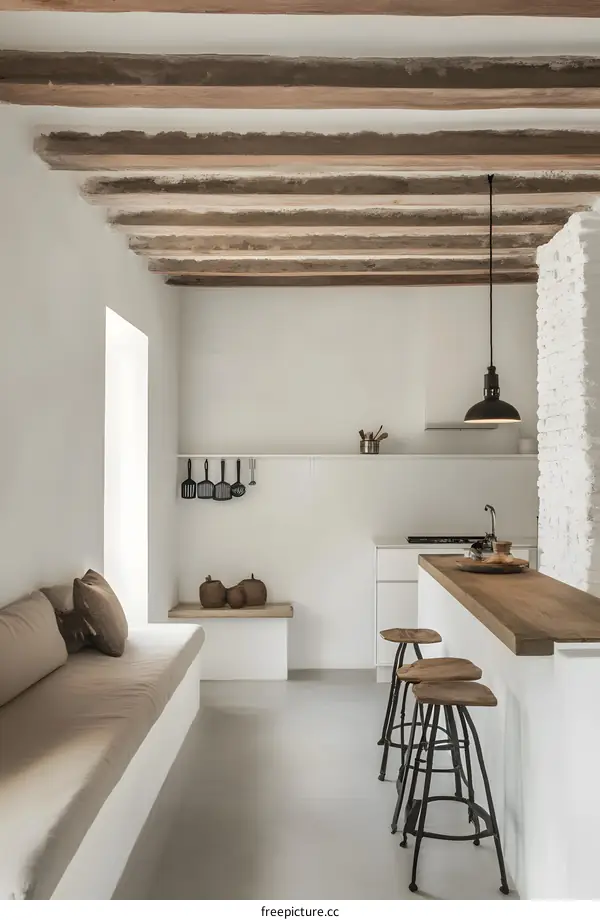 Minimalist Kitchen with White Walls and Wooden Beams