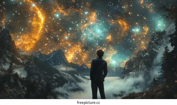 A Man Contemplating the Starry Cosmos Over Majestic Mountains