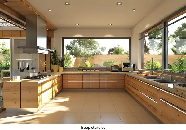 Modern Kitchen Design With Wooden Cabinets And Large Windows