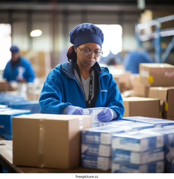 Black woman wearing blue work clothes packing medical supplies