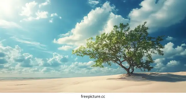 Lonely Tree on a Sandy Beach with Blue Sky