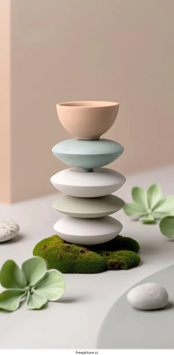 Stack of Ceramic Bowls on Moss