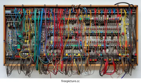 A complex electronic control panel with many buttons, switches, and wires.