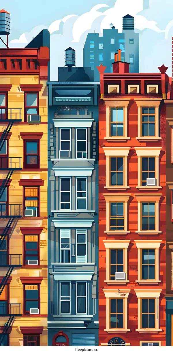 Colorful Illustration of Three Buildings with Different Architectural Styles