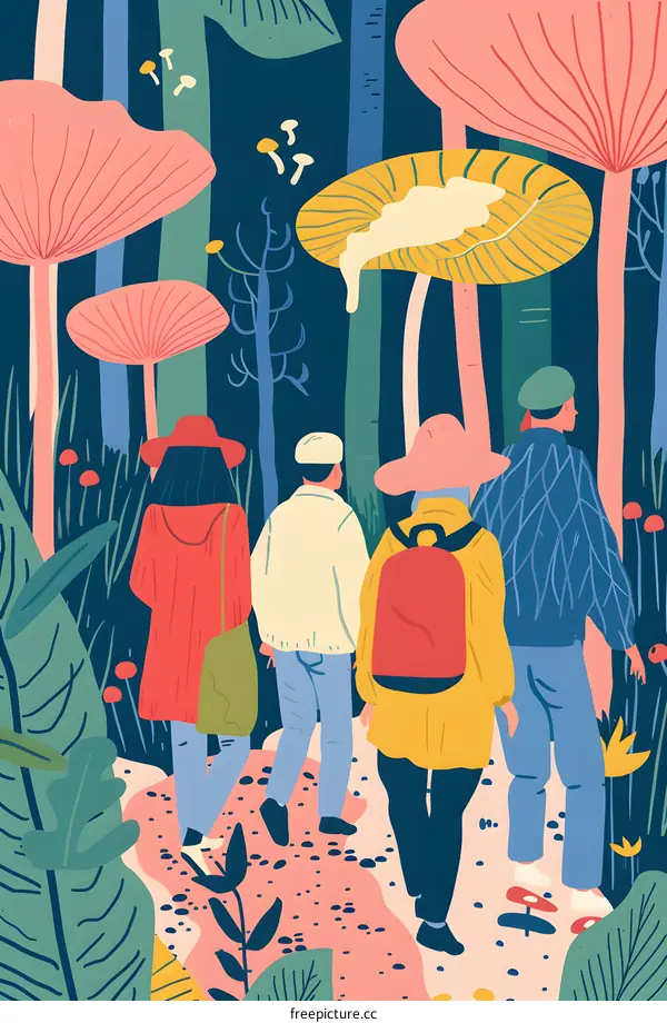 Walking Through a Fantasy Forest with Colorful Mushrooms