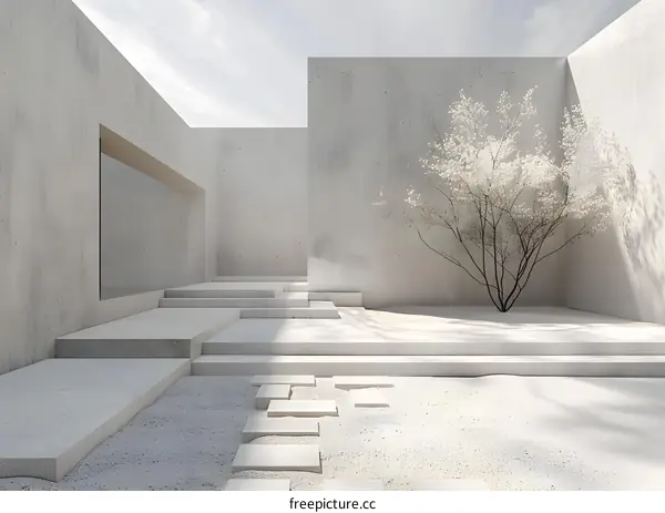 Minimalist Concrete Garden with White Tree and Sand