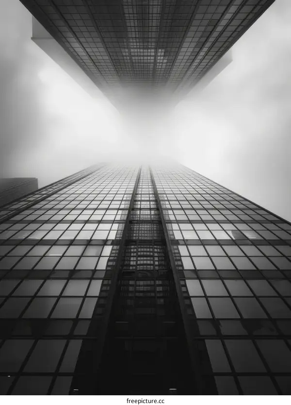 Black and white photo of skyscrapers reflecting each other