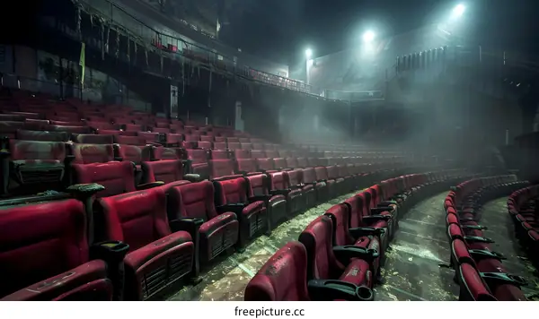 Empty Red Seats in Abandoned Movie Theater