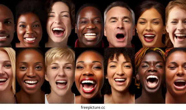 A diverse group of people of different ethnicities are shown smiling with their mouths open.