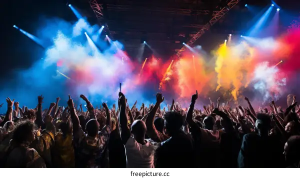 Audience at a concert with their hands raised