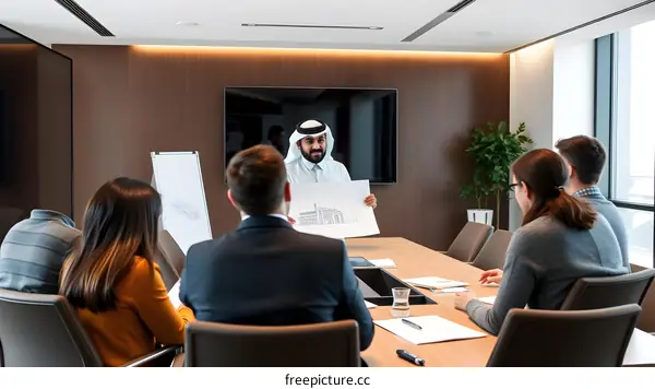 Arab Businessman Presenting Architectural Blueprint to Colleagues in Meeting Room