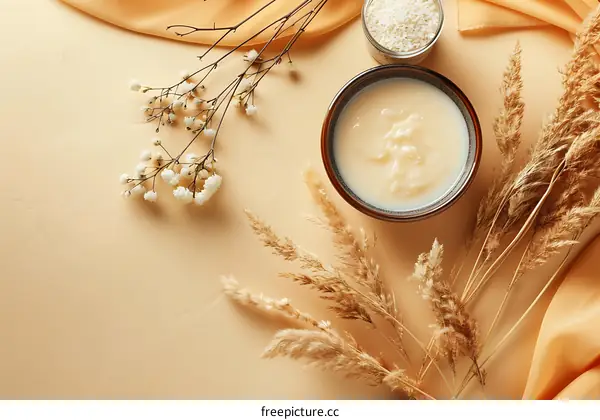 Creamy Bowl with Beige Background and Dried Flowers