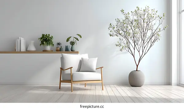 Modern Minimalist Living Room with Blooming Tree