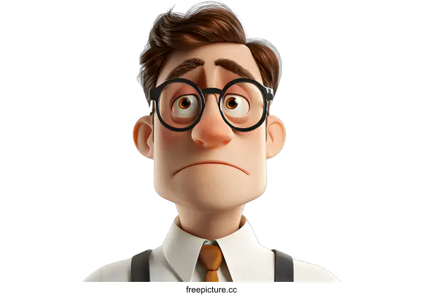 [Transparent Background PNG]3D illustration of a man with glasses and a tie looking sad
