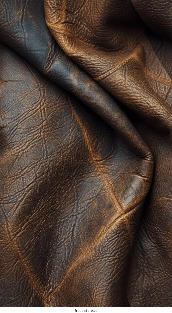 Close up of brown crumpled genuine leather