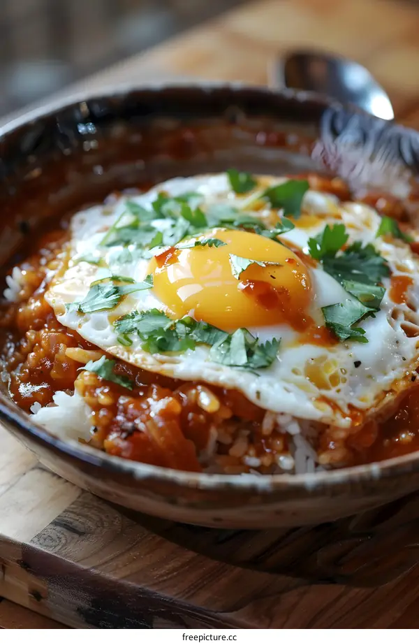 Fried egg on top of rice in a bowl