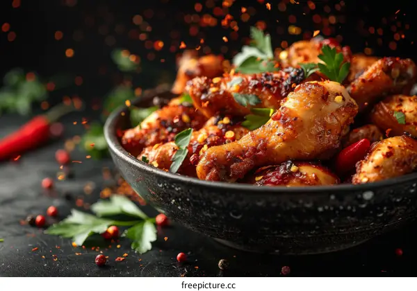 A bowl of spicy chicken wings with parsley