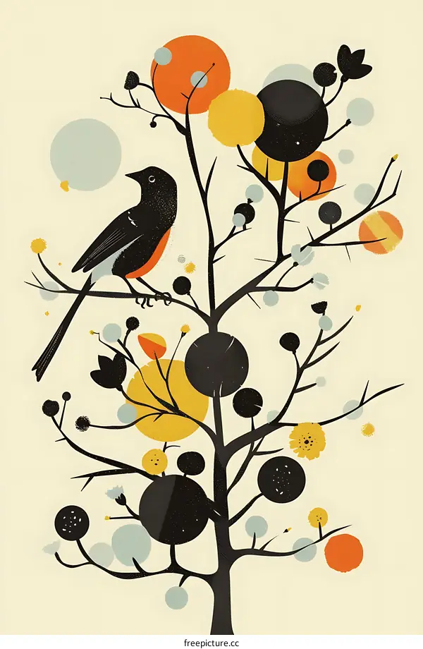 Abstract Tree with Bird and Geometric Shapes
