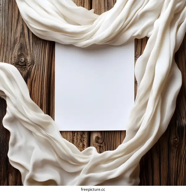 White Fabric Draped on Wooden Background With Blank Paper Card