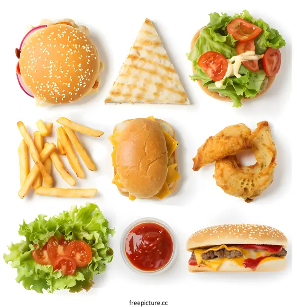 Fast Food Meal Set with Burger, Fries, Onion Rings and Salad