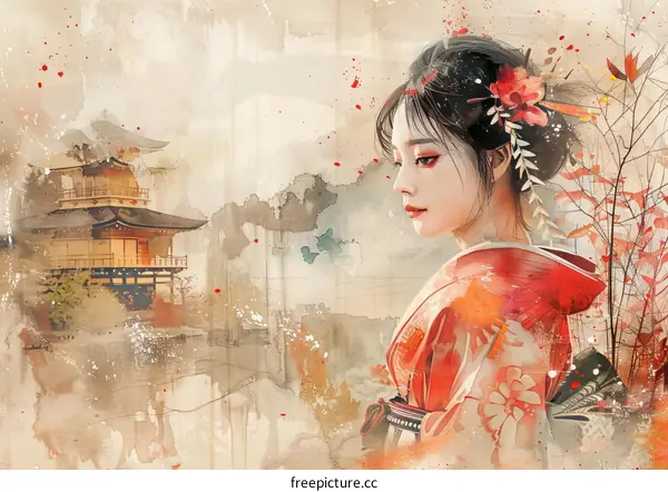 Japanese Geisha in Traditional Red Kimono