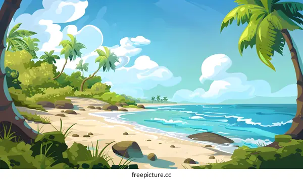 Tropical Beach with Palm Trees and Ocean