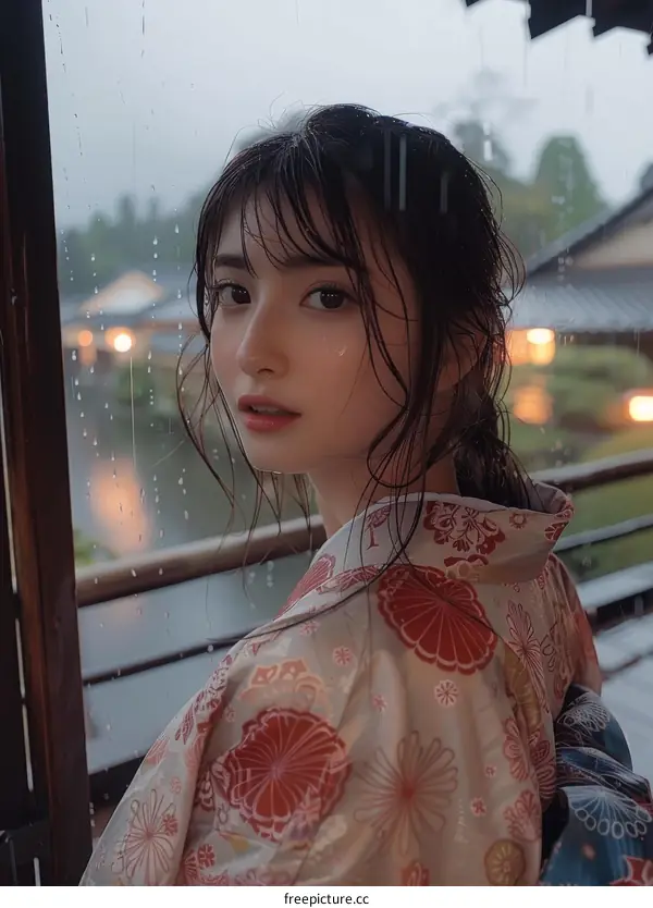 Asian Woman in Traditional Japanese Kimono by Window