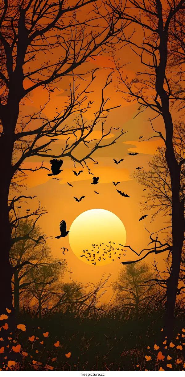 Silhouettes of Trees and Bats Flying Around the Sunset