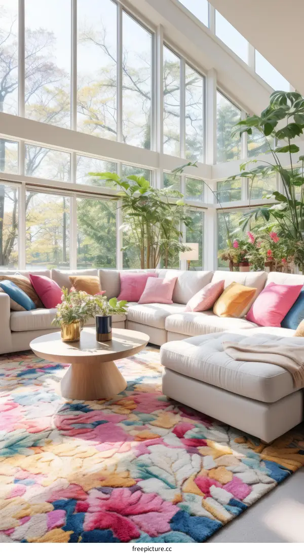 Modern living room interior with large windows, plants, and a colorful rug