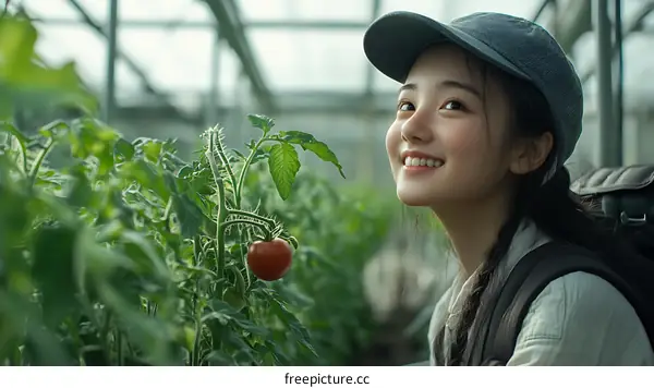 Young Asian Woman in a Greenhouse with Tomatoes