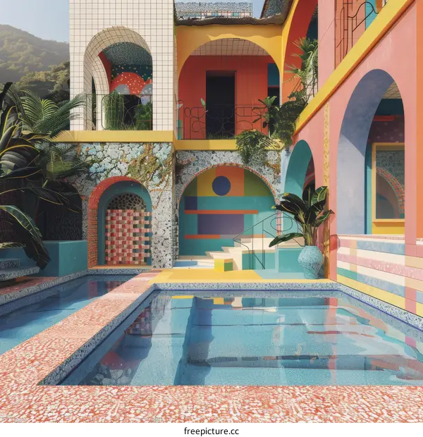 Colorful Mediterranean Courtyard with Pool